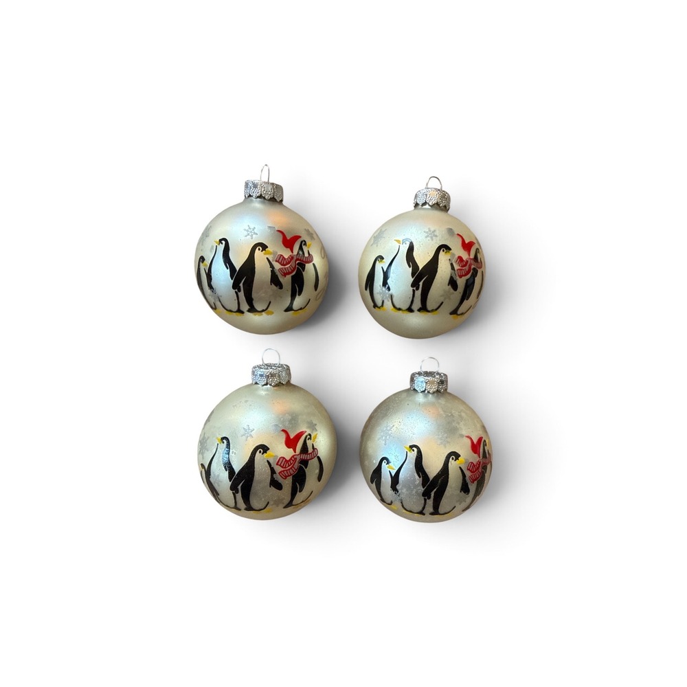 Vintage Style Penguin Happy Holidays Glass Ball Ornaments Set of 4 Champagne